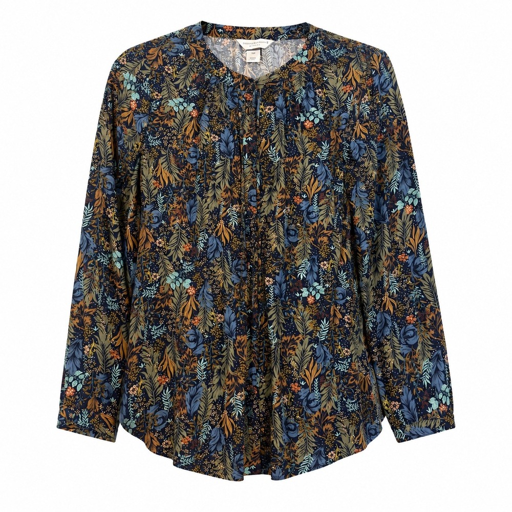 Christopher & Banks Petite M Navy Floral Rayon Modal Peasant Fall Blouse Boho